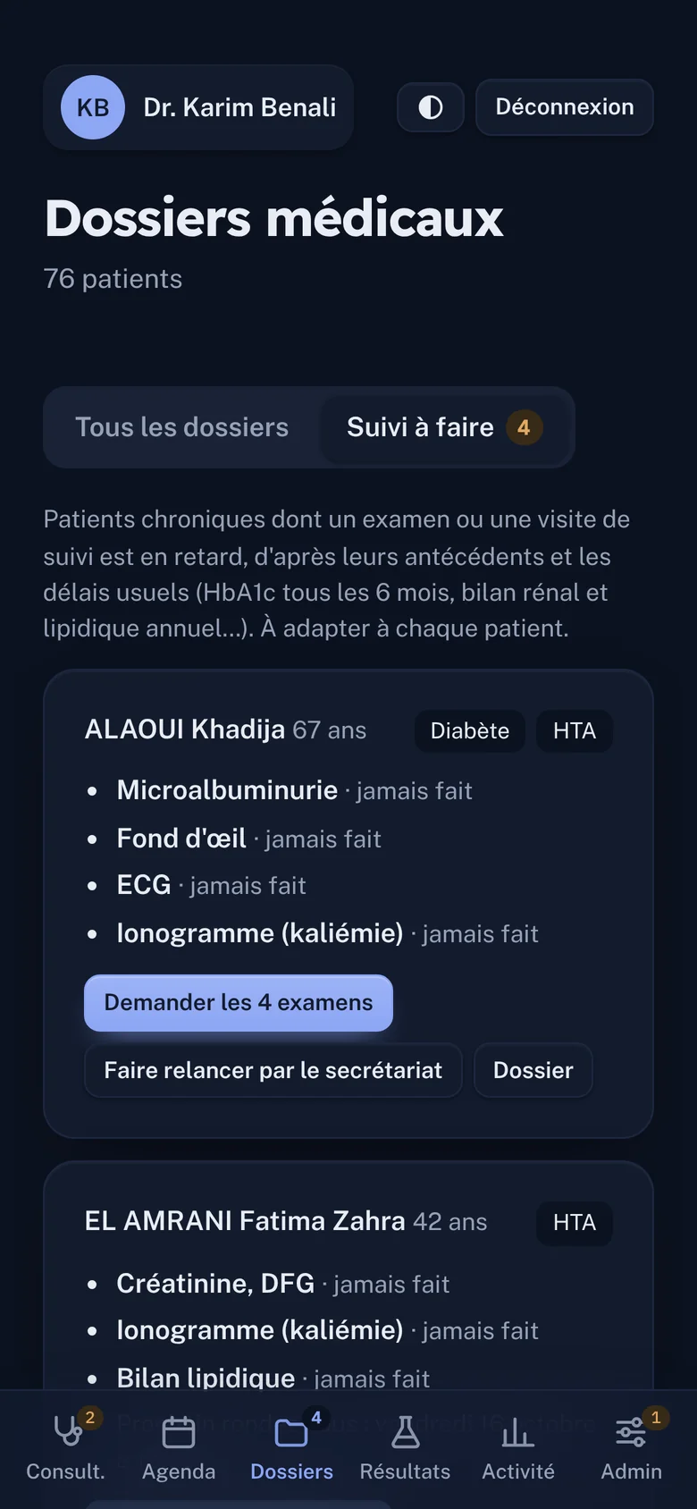 Suivi des patients en mode sombre sur iPhone